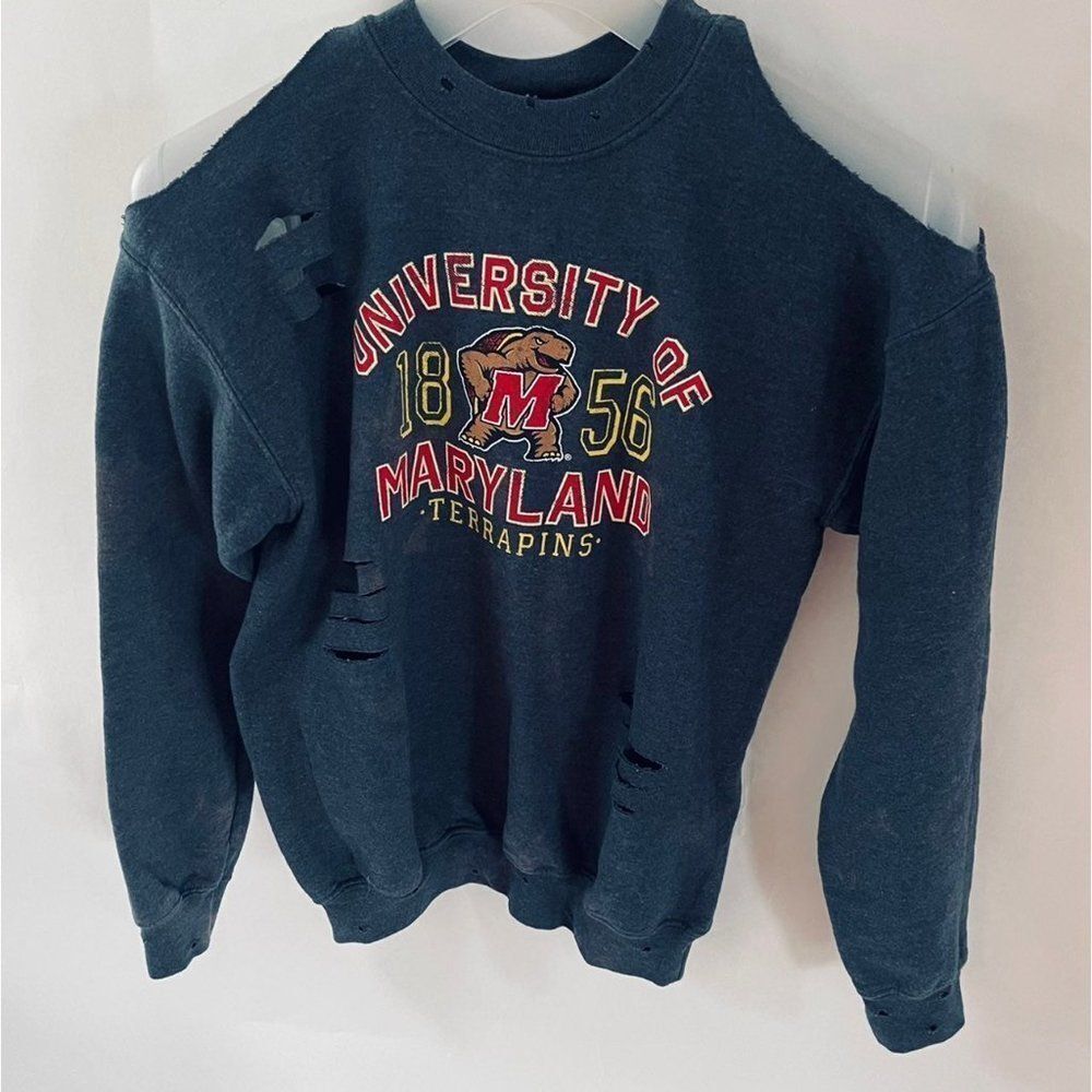University of Maryland Cold Shoulder Logo Distressed Grey Sweatshirt Girls L 
